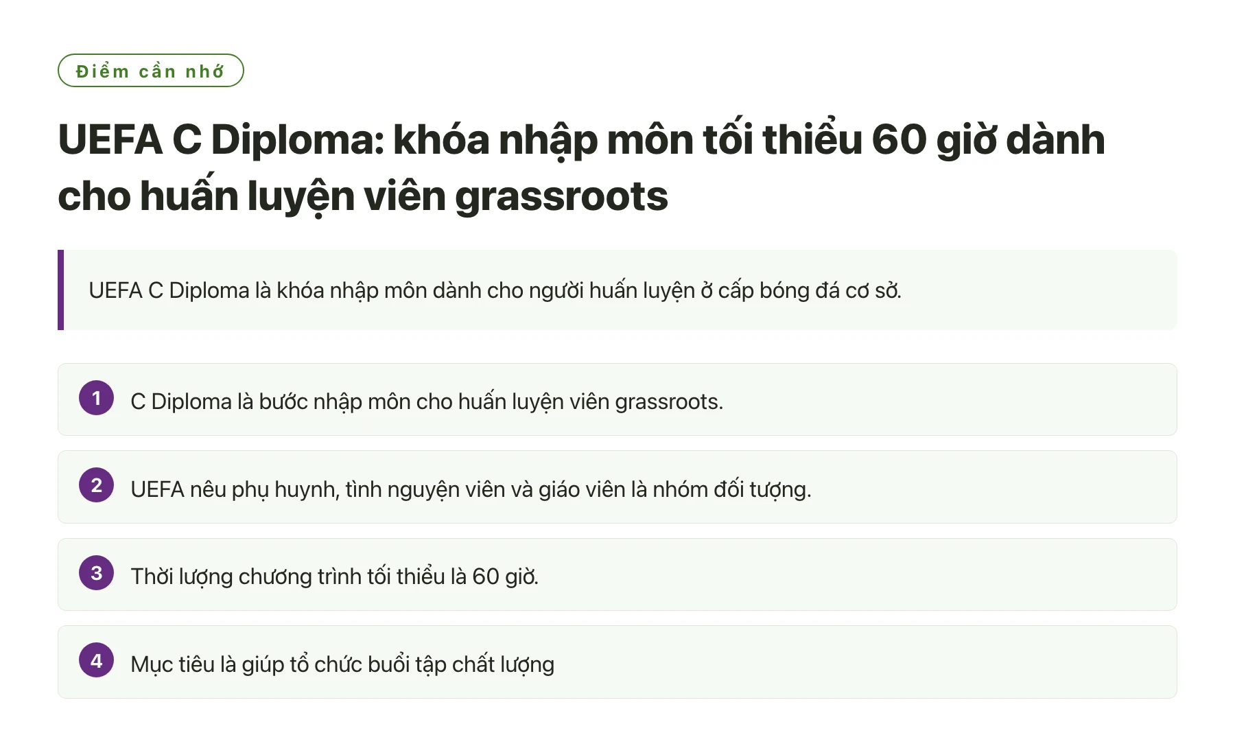 UEFA C Diploma: khóa nhập môn tối thiểu 60 giờ dành cho huấn luyện viên grassroots——全文要点速览